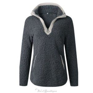 Charcoal Long Sleeve Half Zip Pullover Teddy Sweater Front Pockets
